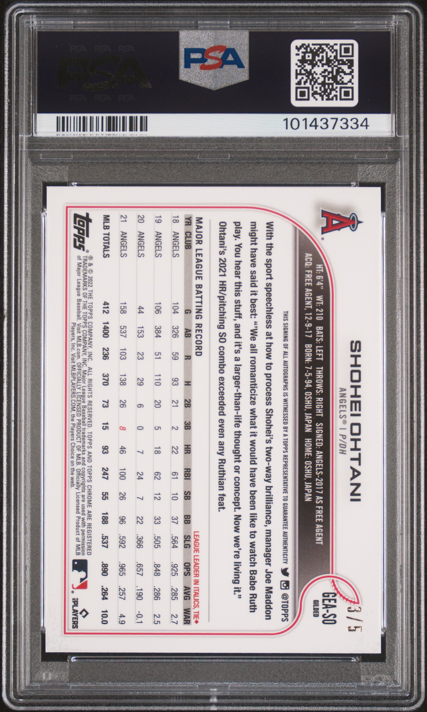 2022 Topps Gilded Collection #SO Shohei Ohtani Gold Fetch Auto-Red /5