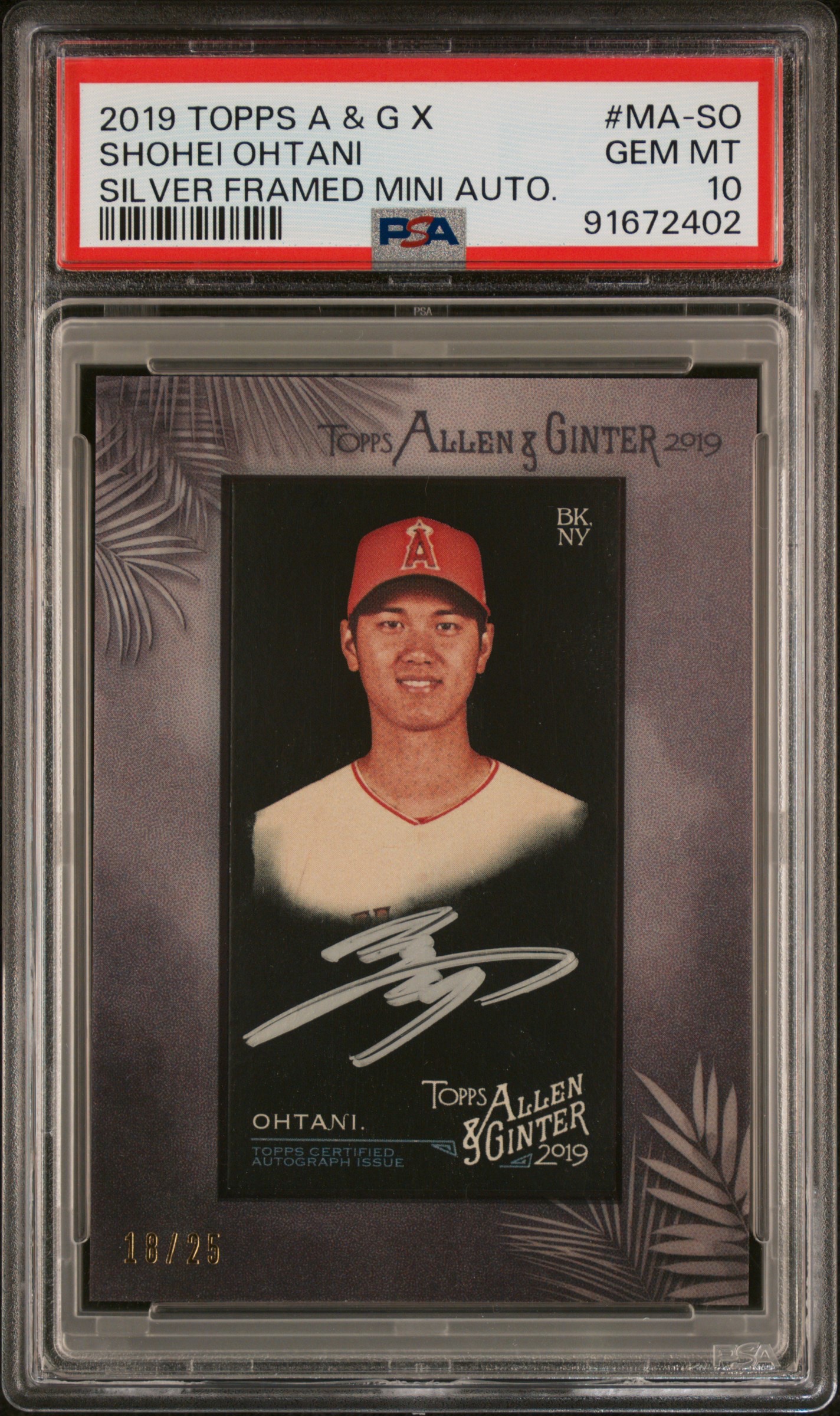 2019 Topps Allen & Ginter MA-SO Shohei Ohtani Silver Framed Mini Auto /25