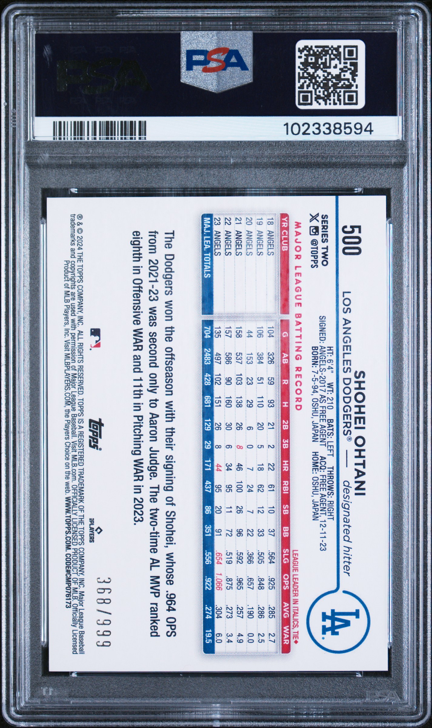 2024 TOPPS #500 SHOHEI OHTANI /499