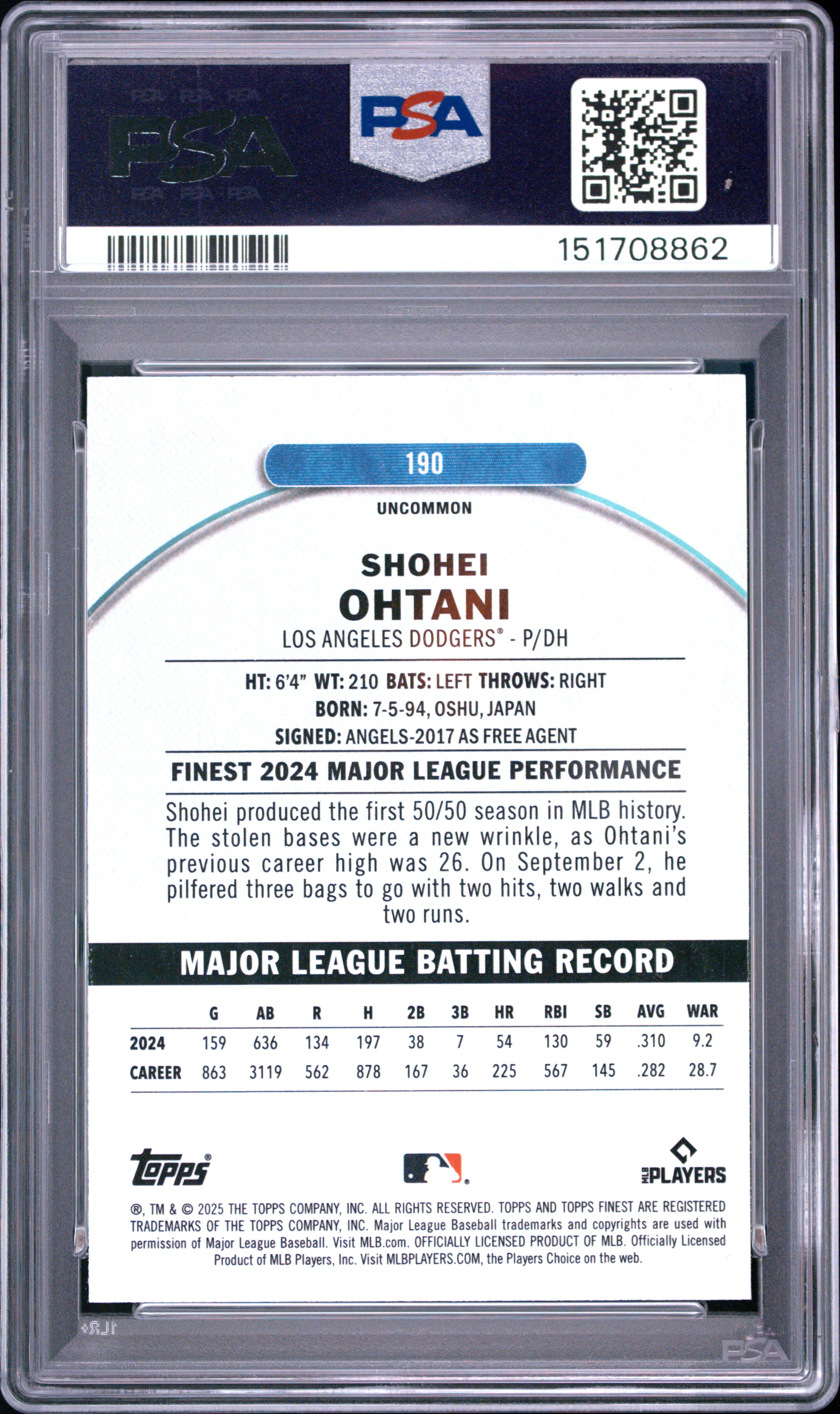 2025 TOPPS FINEST #190 SHOHEI OHTANI /250