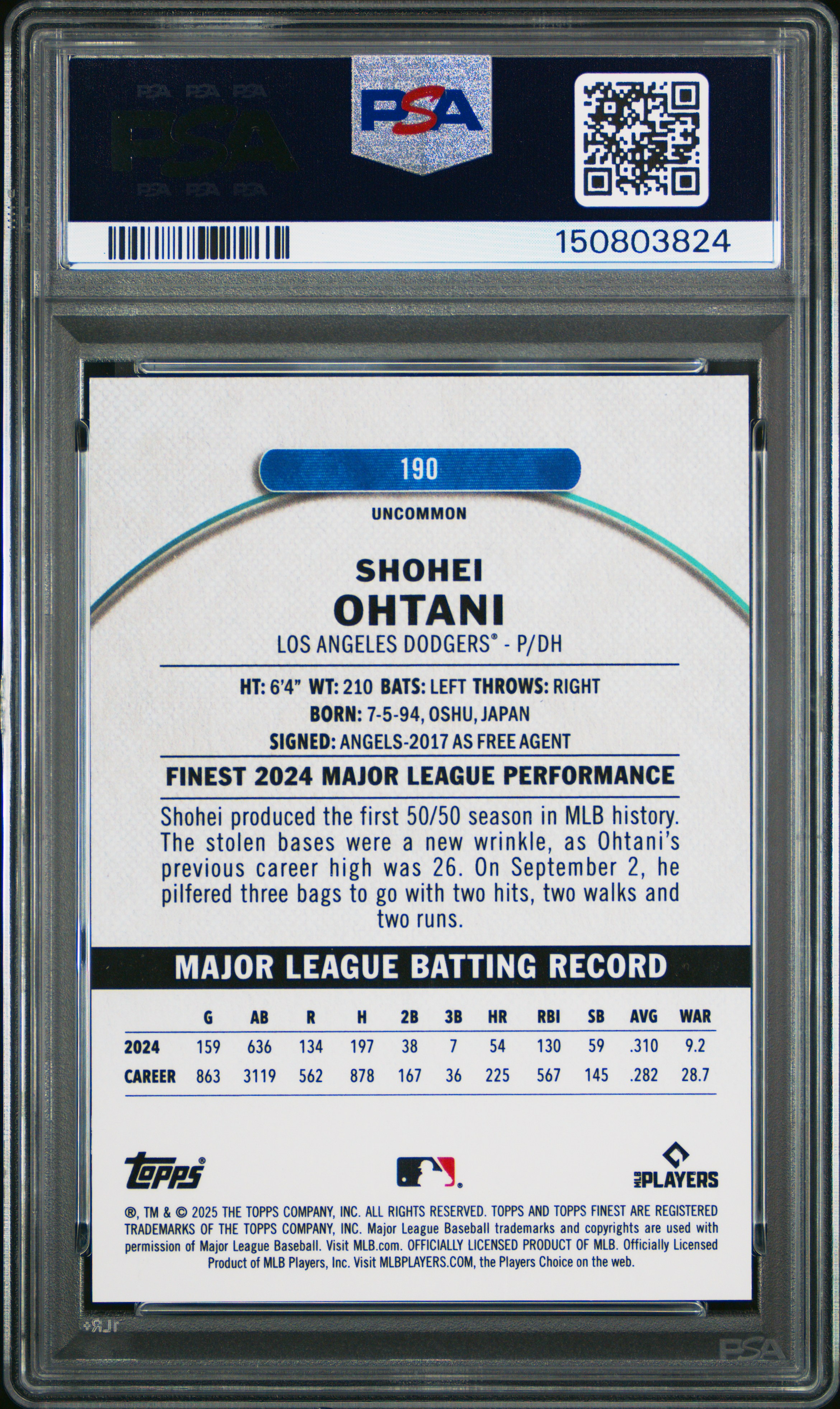 2025 TOPPS FINEST #190 SHOHEI OHTANI /35