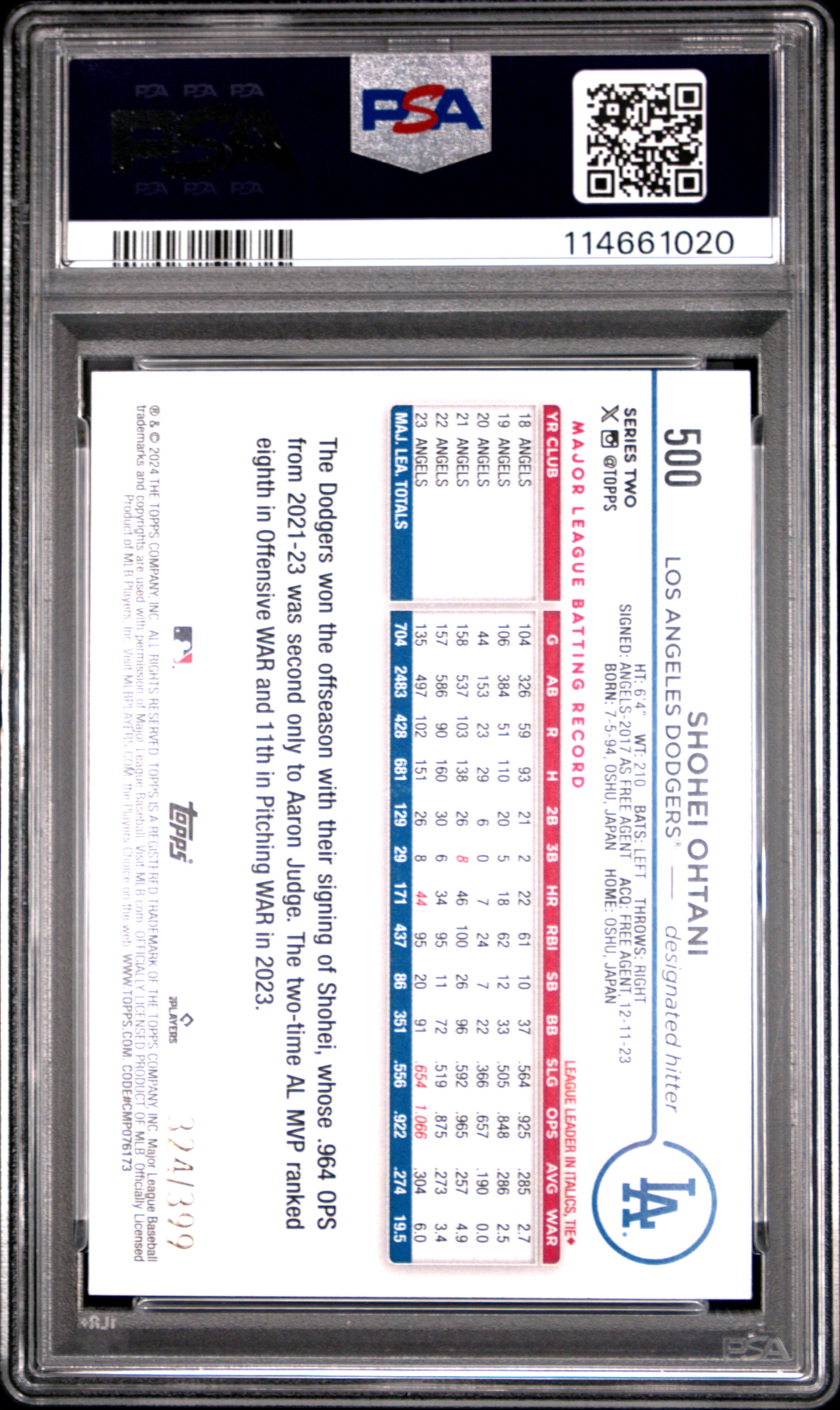 2024 TOPPS #500 SHOHEI OHTANI AQUA CRACKLE FOIL BOARD /399