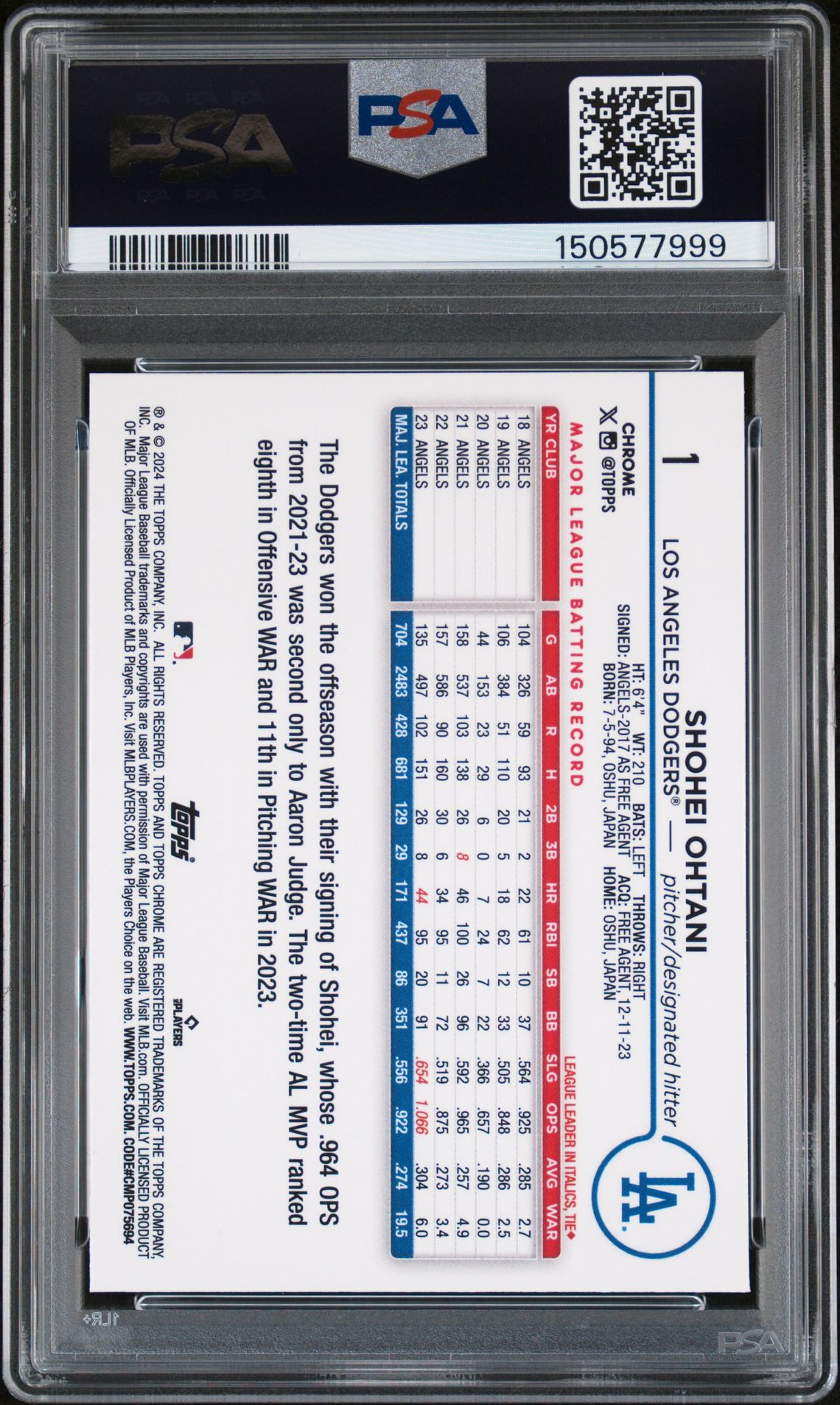 2024 Topps Chrome #1 Shohei Ohtani Green Raywave /99