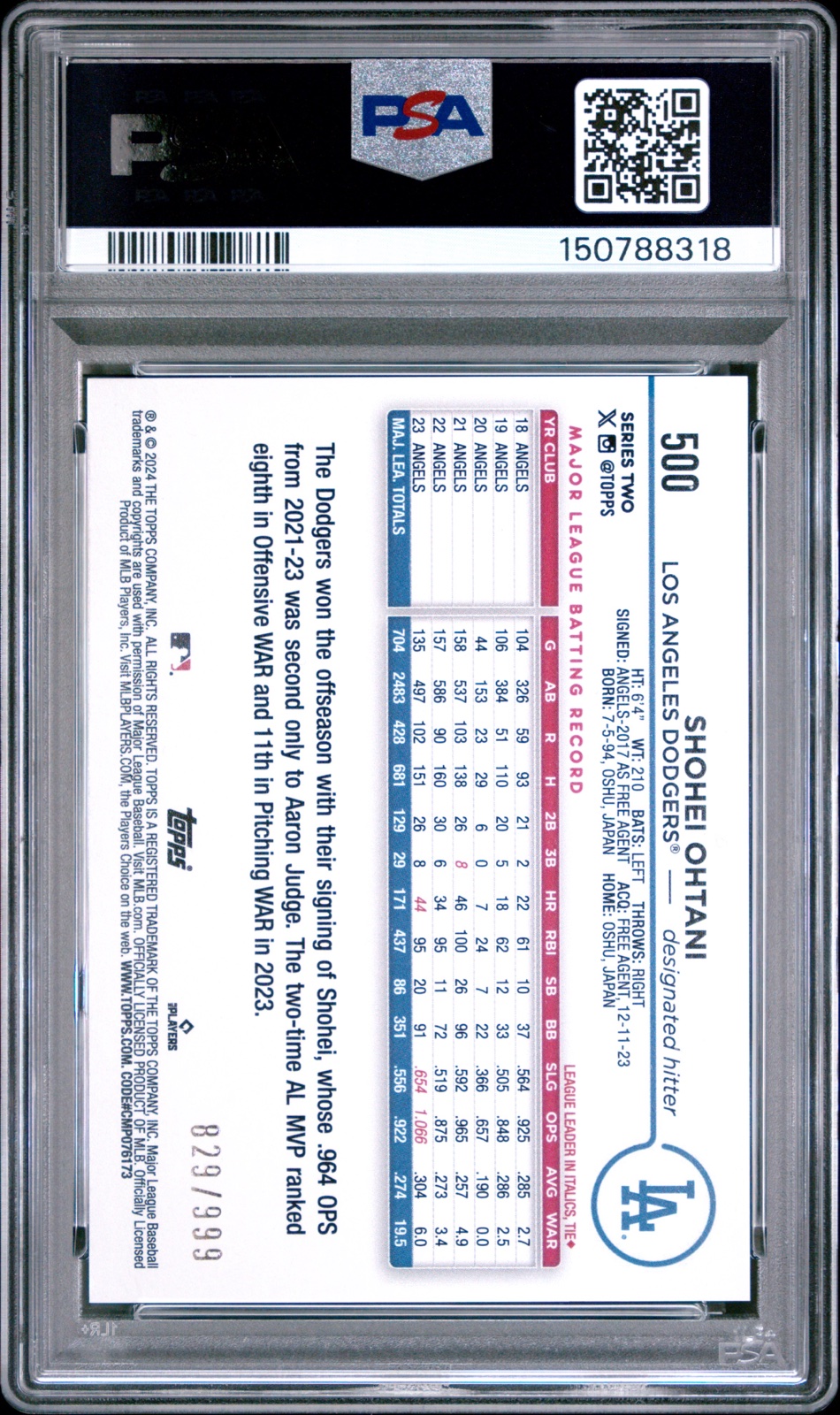 2024 TOPPS #500 SHOHEI OHTANI BLUE FOIL /999