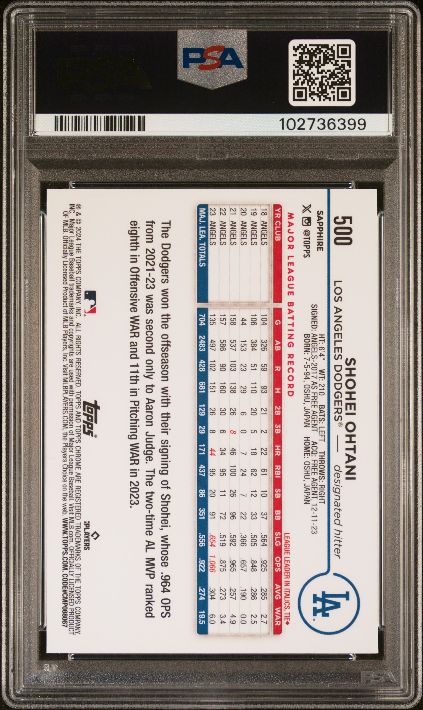 2024 TOPPS CHROME SAPPHIRE #500 SHOHEI OHTANI GOLD /50