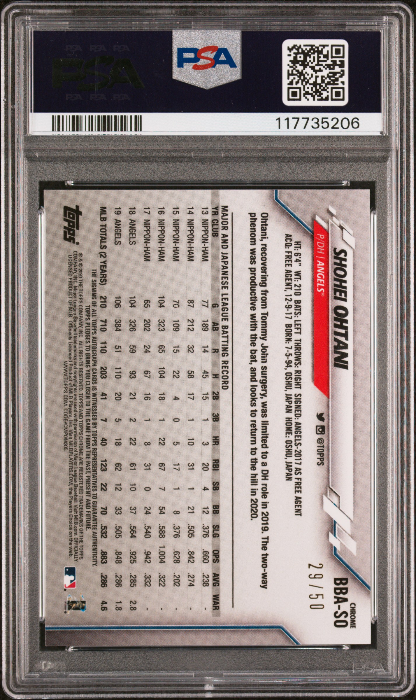 2020 BEN BALLER CHROME AUTOGRAPHS #BBASO SHOHEI OHTANI AUTO-GOLD REFRACTOR /50