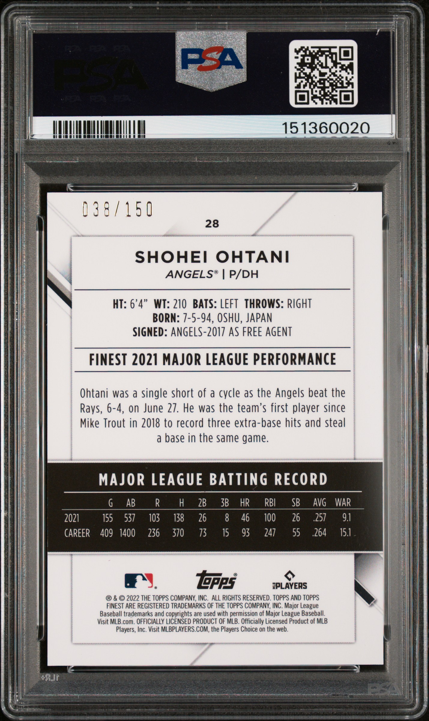 2022 TOPPS FINEST #28 SHOHEI OHTANI BLUE REFRACTOR /150