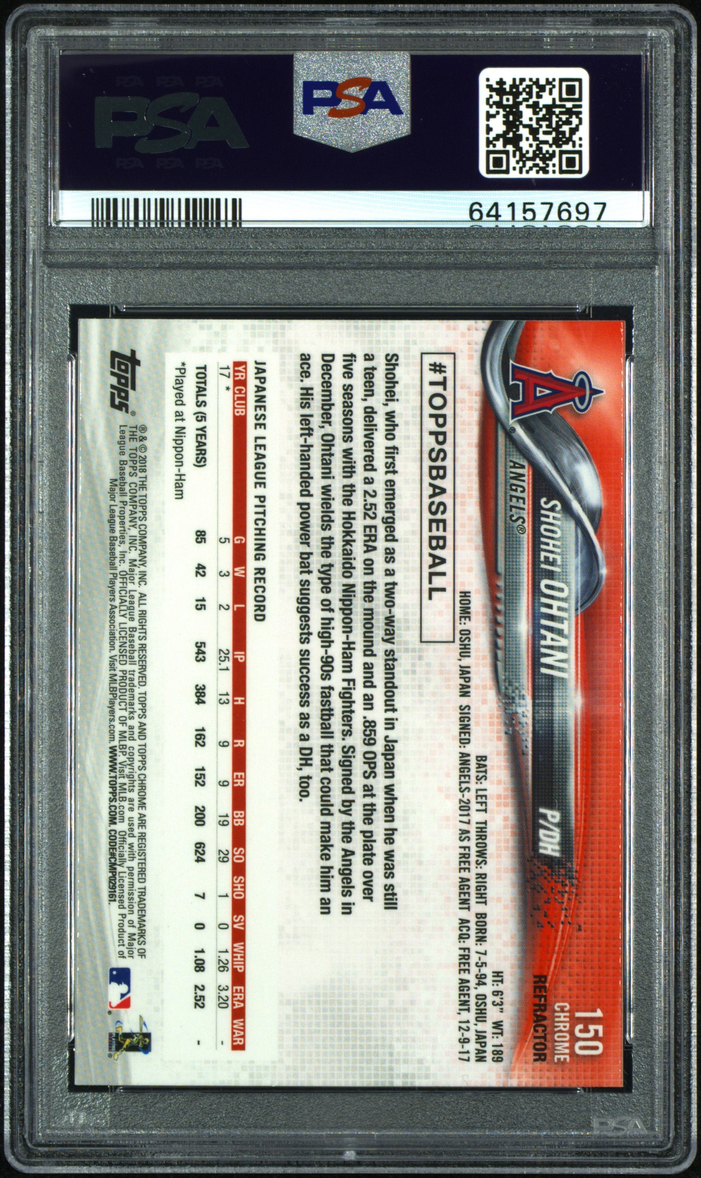 2018 TOPPS CHROME #150 SHOHEI OHTANI REFRACTOR
