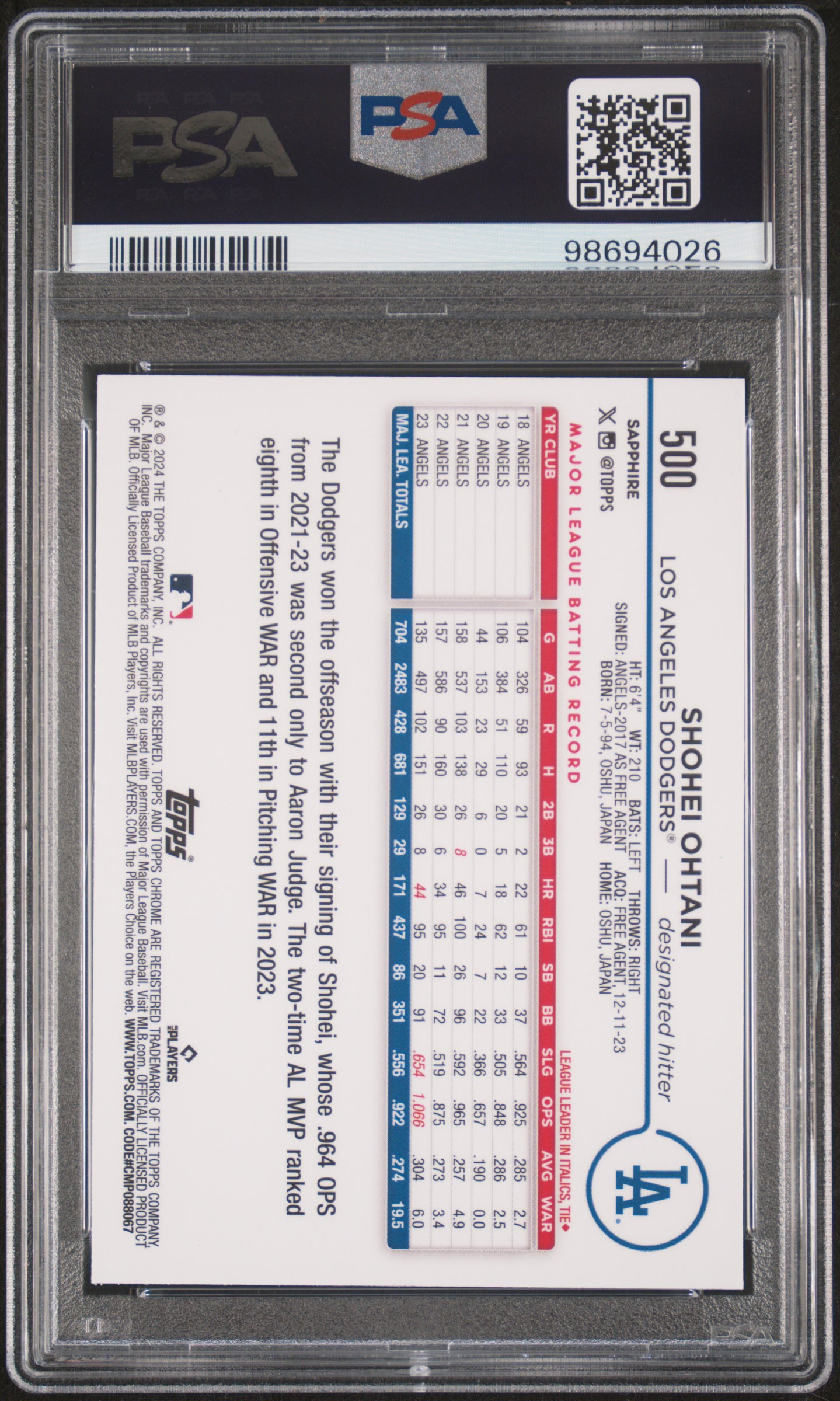2024 TOPPS CHROME SAPPHIRE #500 SHOHEI OHTANI GOLD /50