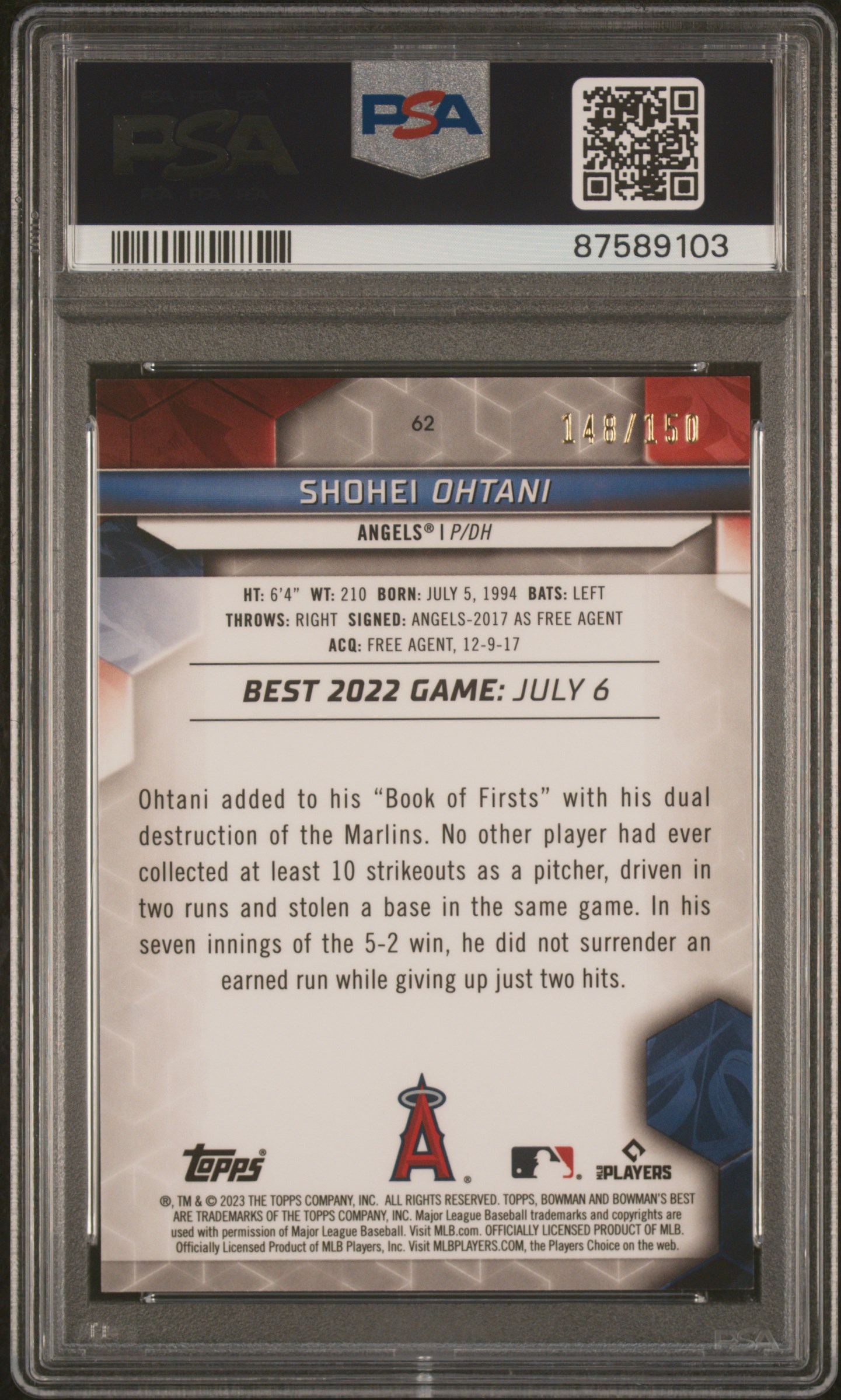 2023 BOWMAN'S BEST #62 SHOHEI OHTANI BLUE REFRACTOR /150