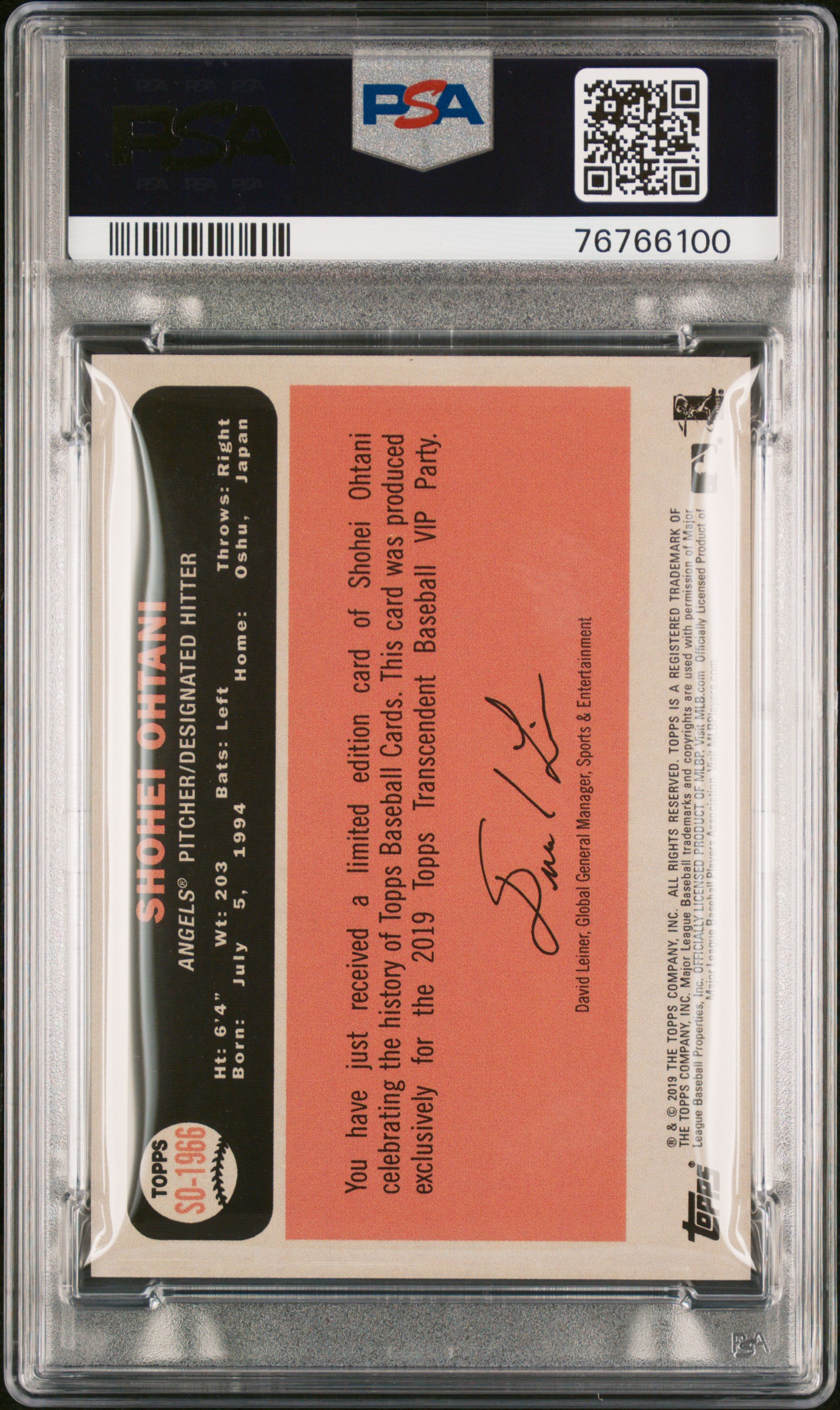2019 TOPPS TRANSCENDENT VIP PARTY SHOHEI OHTANI THROUGH THE YEARS #1966 SHOHEI OHTANI VIP PARTY THROUGH/YRS. /50