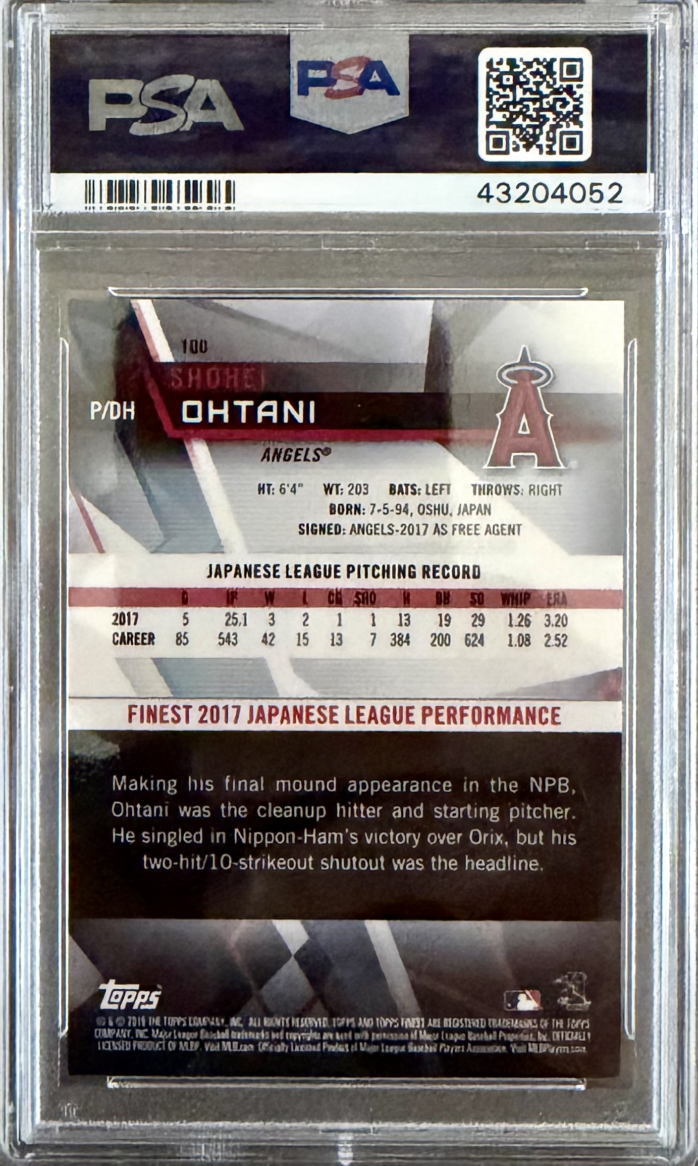 2018 FINEST #100 SHOHEI OHTANI PURPLE REFRACTOR /250