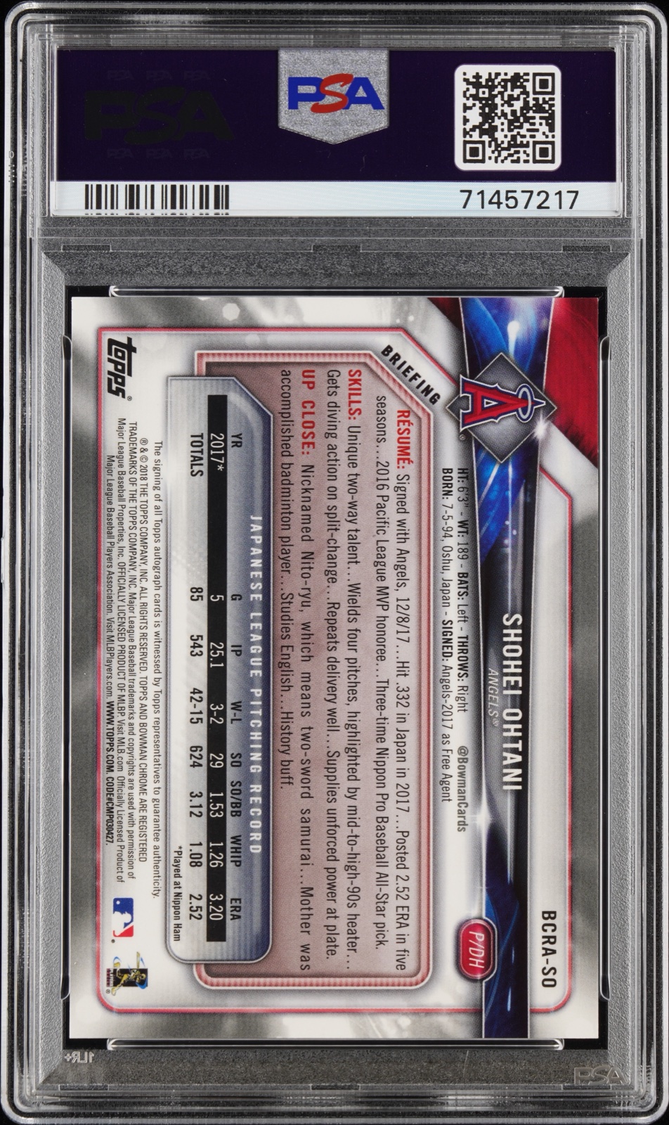 2018 BOWMAN CHROME ROOKIE AUTOGRAPHS #BCRASO SHOHEI OHTANI ROOKIE AUTOGRAPH
