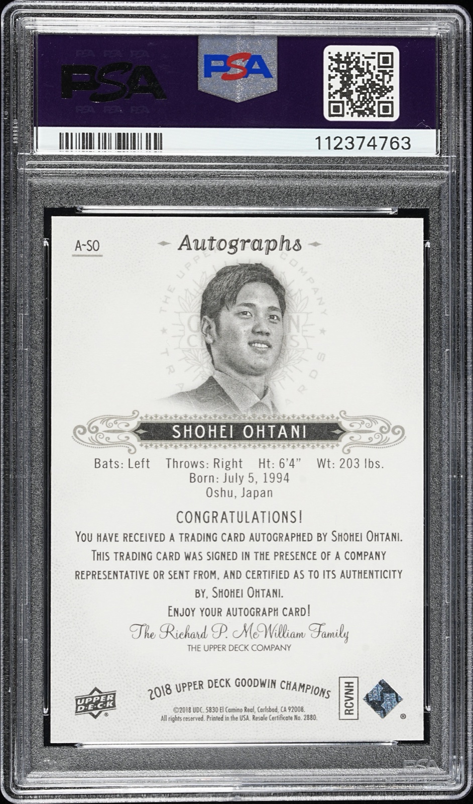 2018 UPPER DECK GOODWIN CHAMPIONS AUTOGRAPHS #ASO SHOHEI OHTANI AUTOGRAPH