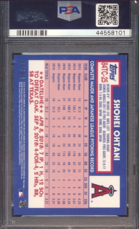 2019 TOPPS CHROME 1984 TOPPS BASEBALL #25 SHOHEI OHTANI 1984 TOPPS B.B.-GREEN REF. 17/99