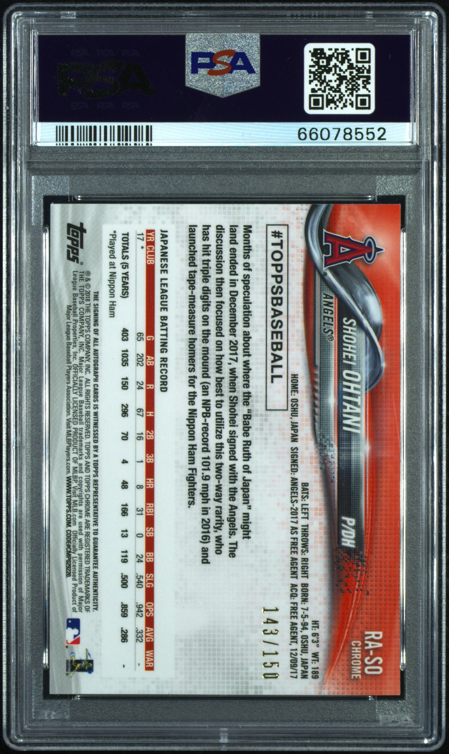 2018 TOPPS CHROME ROOKIE AUTOGRAPH #RA-SO SHOHEI OHTANI RK.AU-BLUE WAVE REF. /150