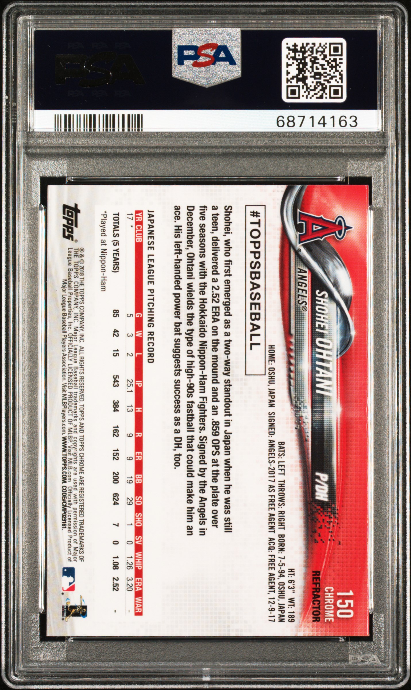 2018 TOPPS CHROME #150 SHOHEI OHTANI PINK REFRACTOR