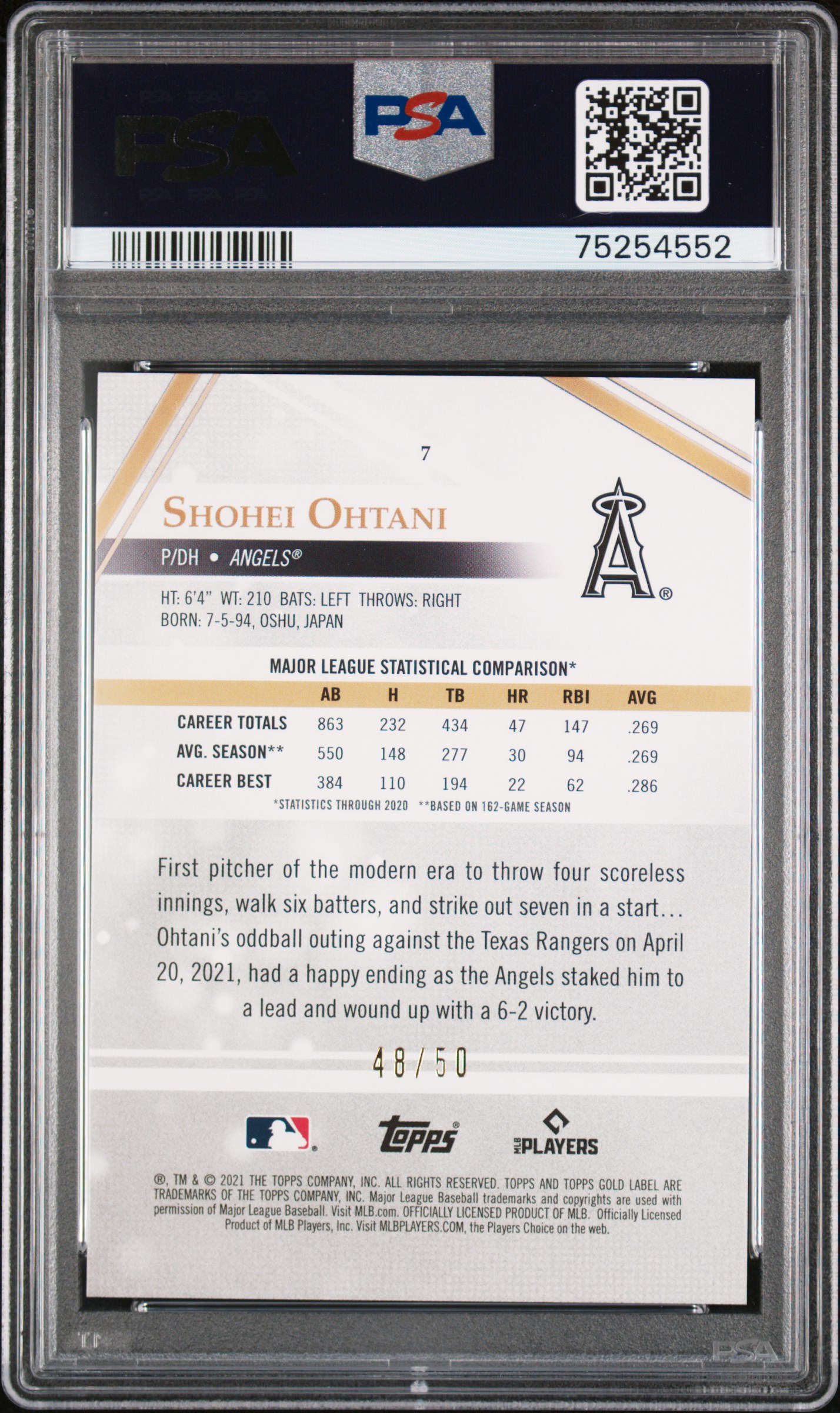 2021 TOPPS GOLD LABEL #7 SHOHEI OHTANI CLASS 3-BLUE /50