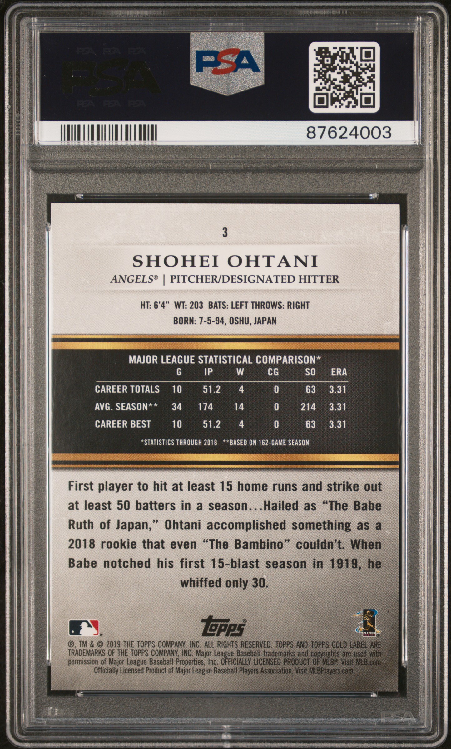 2019 TOPPS GOLD LABEL #3 SHOHEI OHTANI CLASS 1-BLUE /150