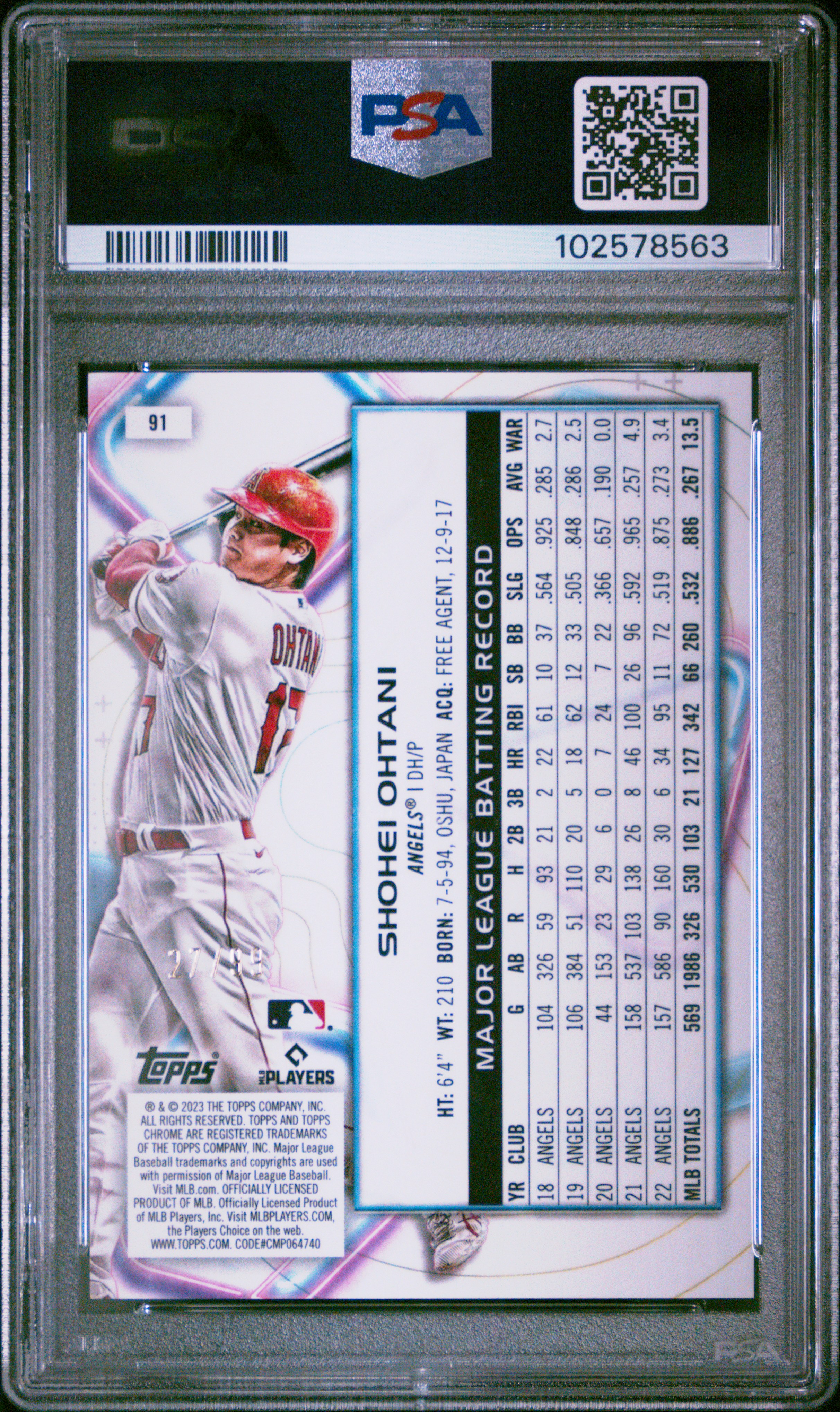 2023 TOPPS COSMIC CHROME #91 SHOHEI OHTANI BLUE MOON REFRACTOR /99