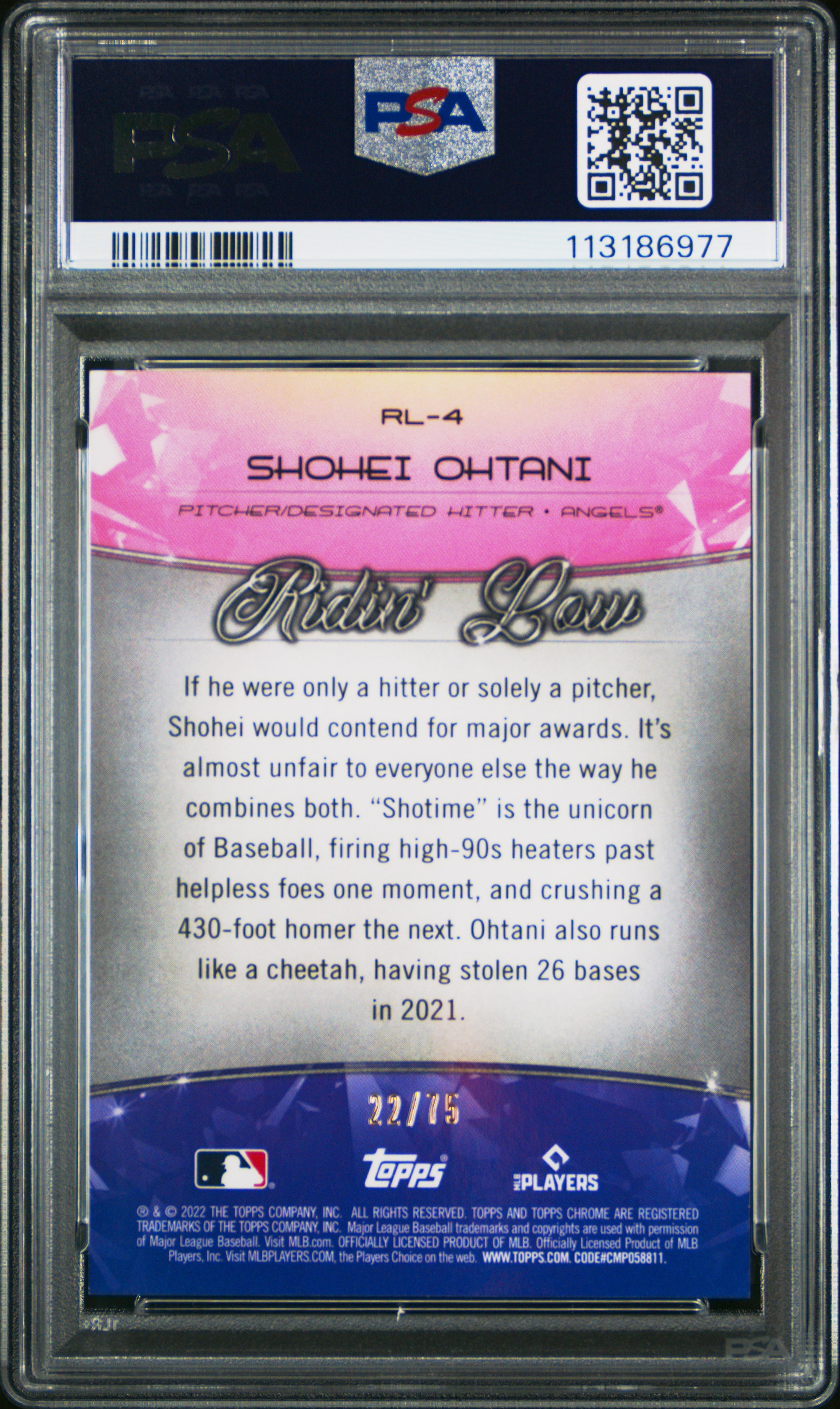 2022 TOPPS CHROME BEN BALLER RIDIN' LOW #RL-4 SHOHEI OHTANI RIDIN' LOW-BLUE REF. /75