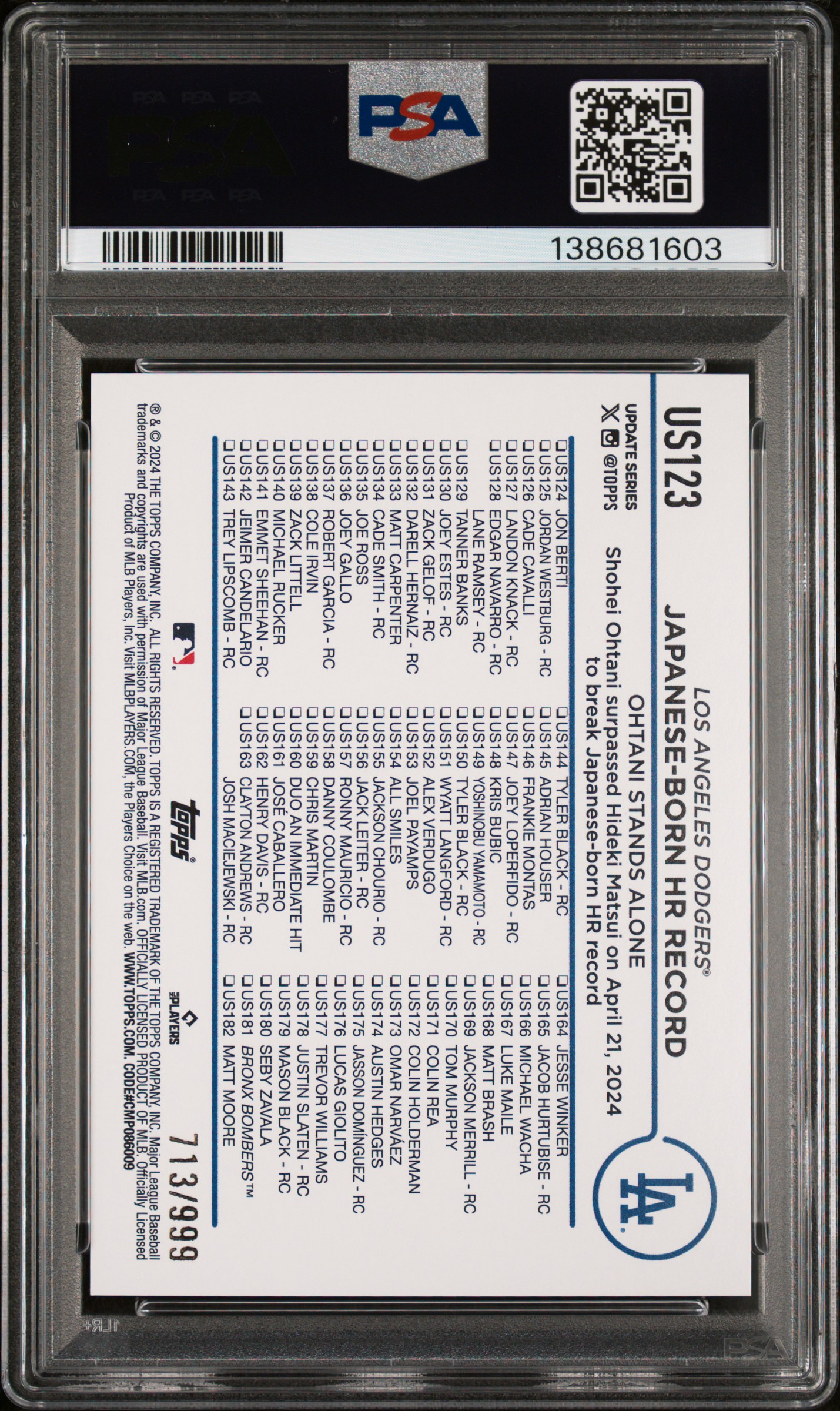 2024 TOPPS UPDATE #US123 SHOHEI OHTANI BLUE HOLO FOILBOARD /999