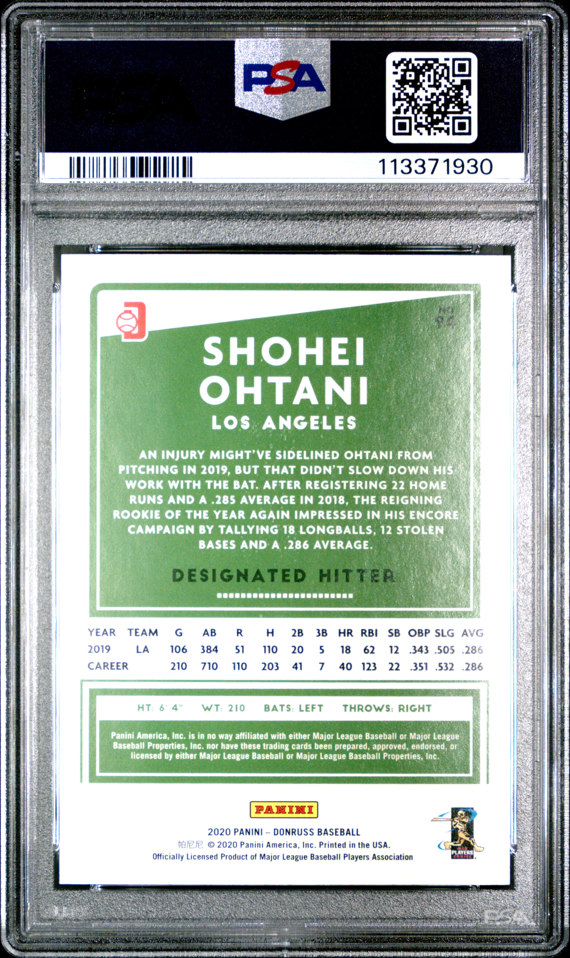 2020 PANINI DONRUSS #94 SHOHEI OHTANI VARIATION-ONE HUNDRED EMOJI /100