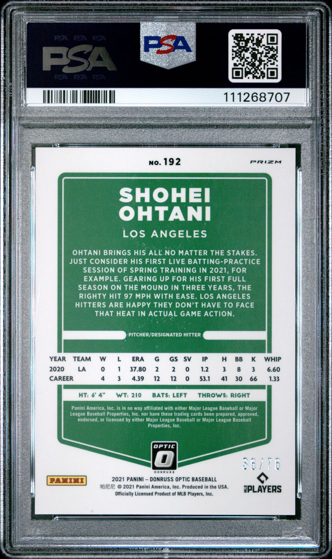 2021 Donruss Optic 192 Shohei Ohtani Spirit of 76 /76