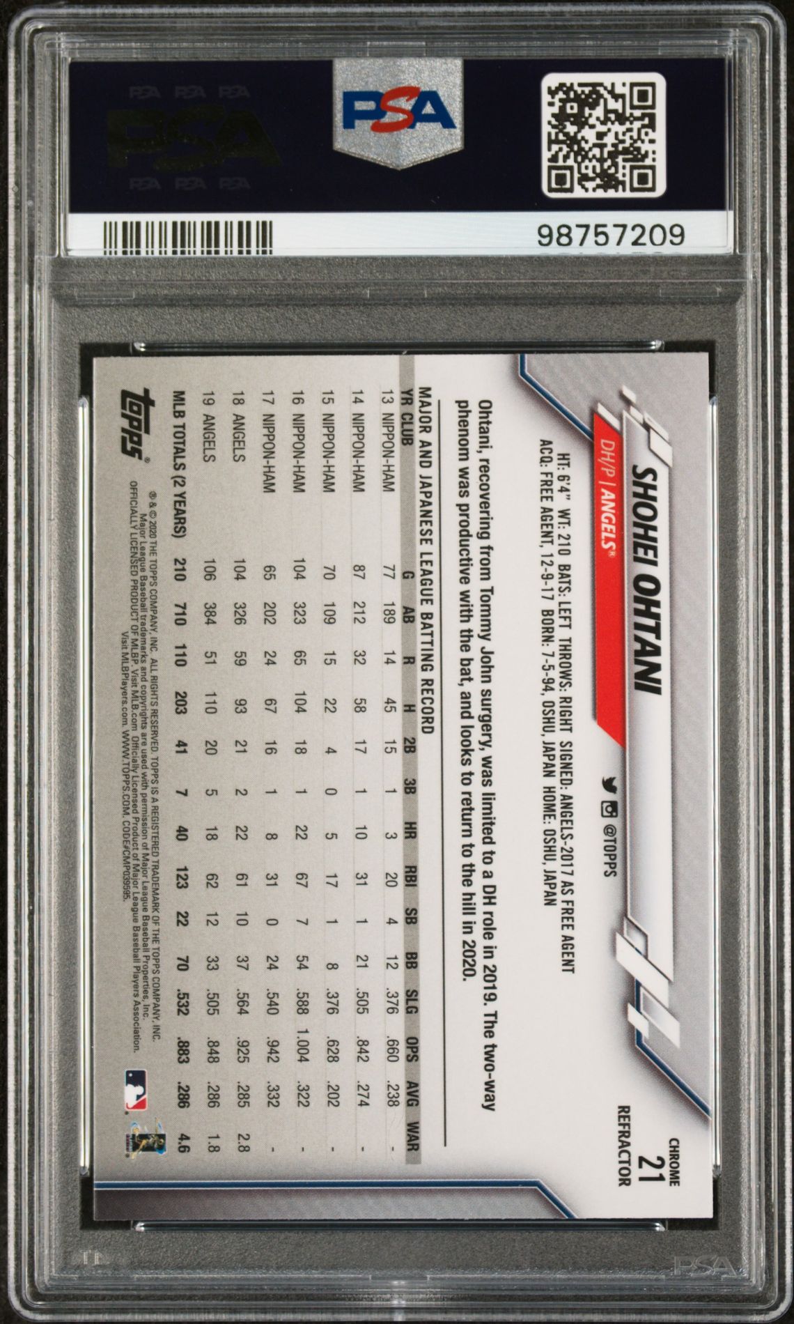 2020 Topps Chrome #21 Shohei Ohtani Pink Refractor