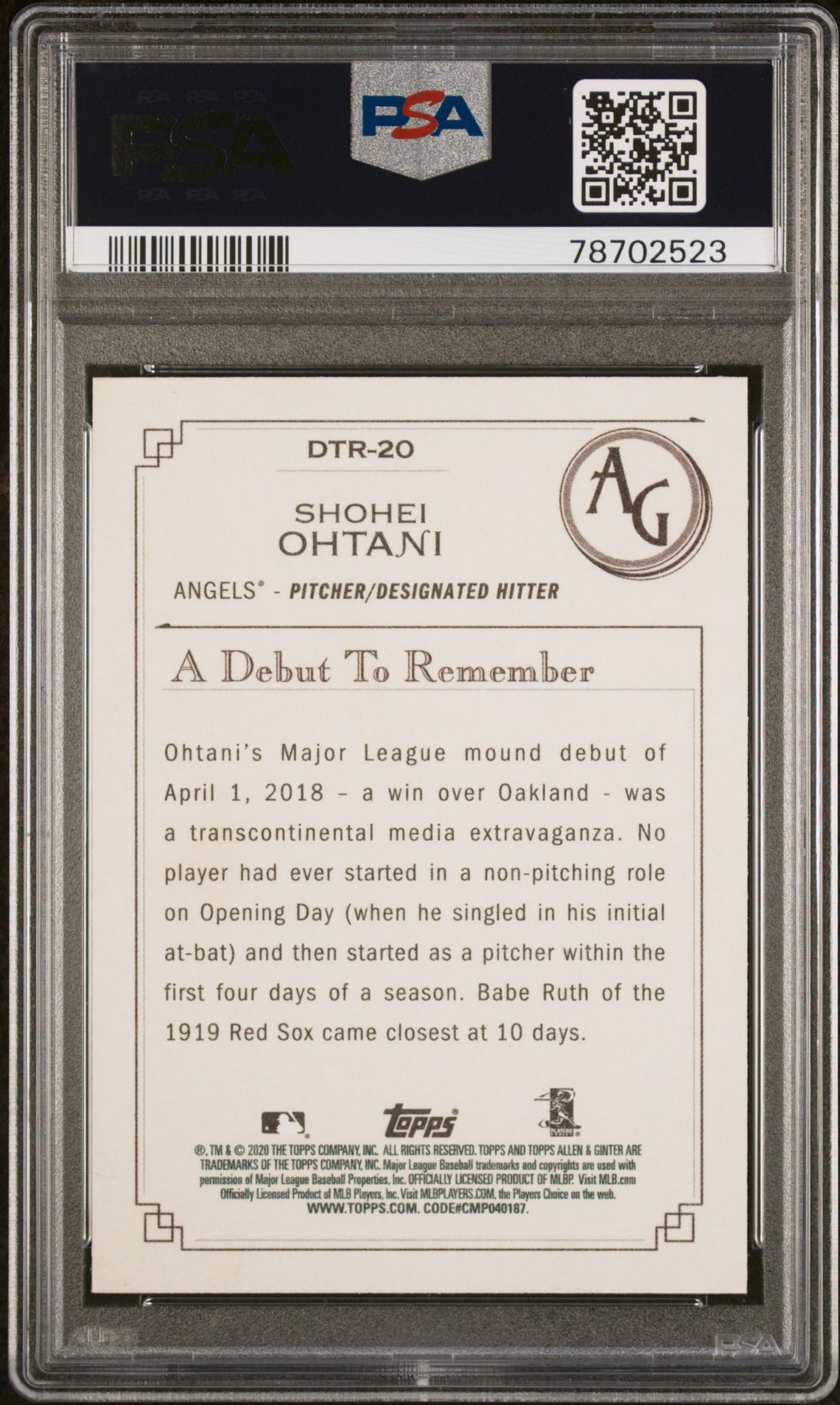 2020 Topps Allen & Ginter DTR20 Shohei Ohtani
