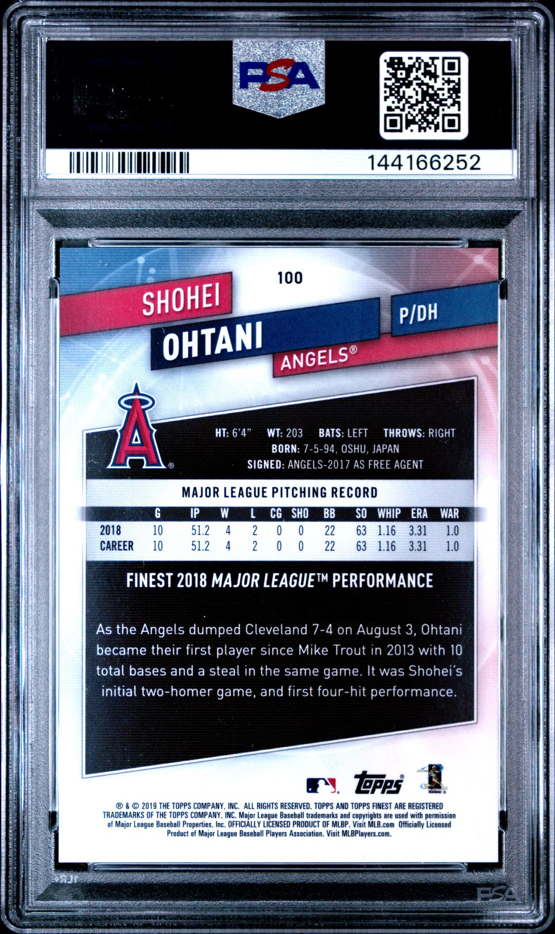 2019 Topps Finest #100 Shohei Ohtani Blue Refractor /150
