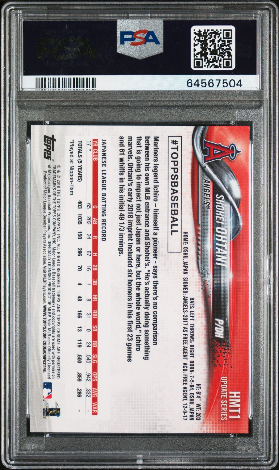 2018 Topps Chrome HMT1 Shohei Ohtani Pink Refractor