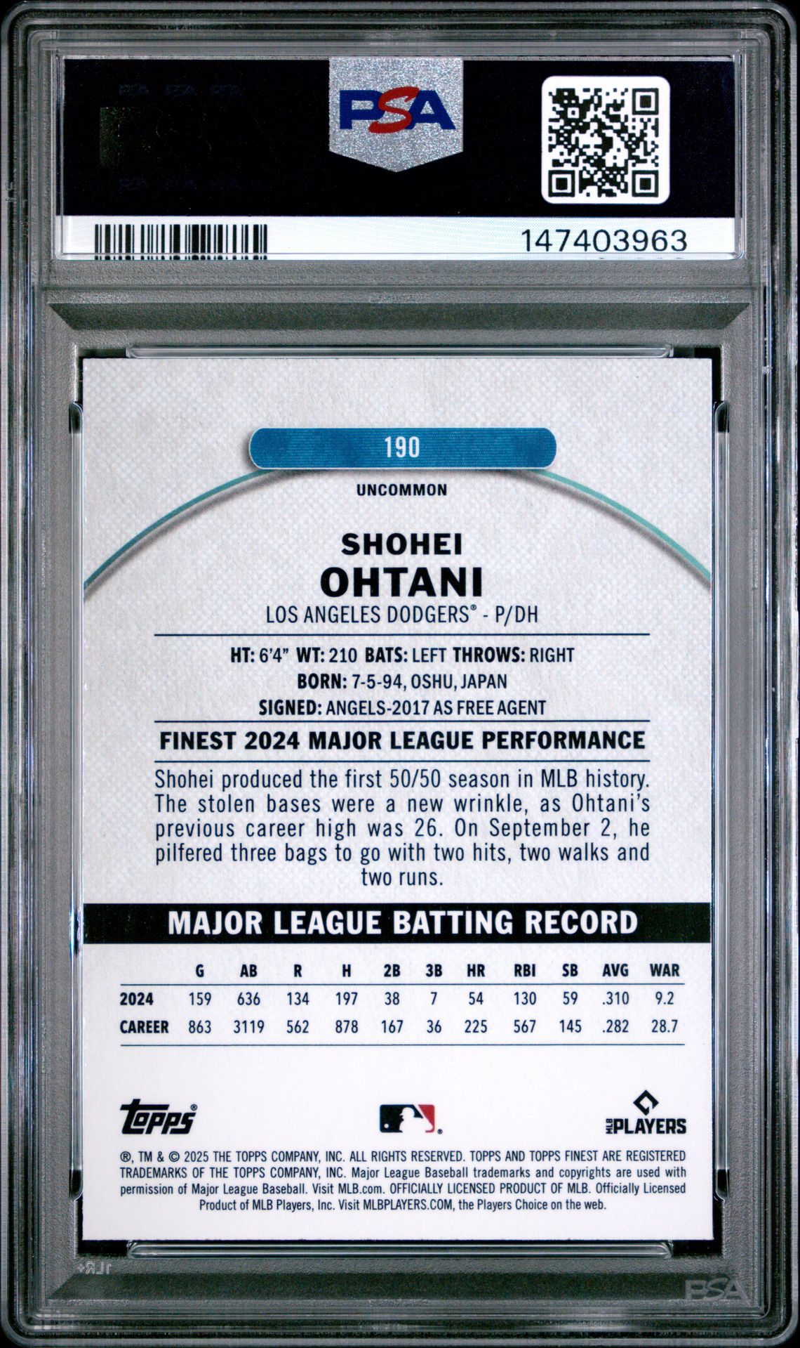 2025 Topps Finest 190 Shohei Ohtani Blue Refractor /150