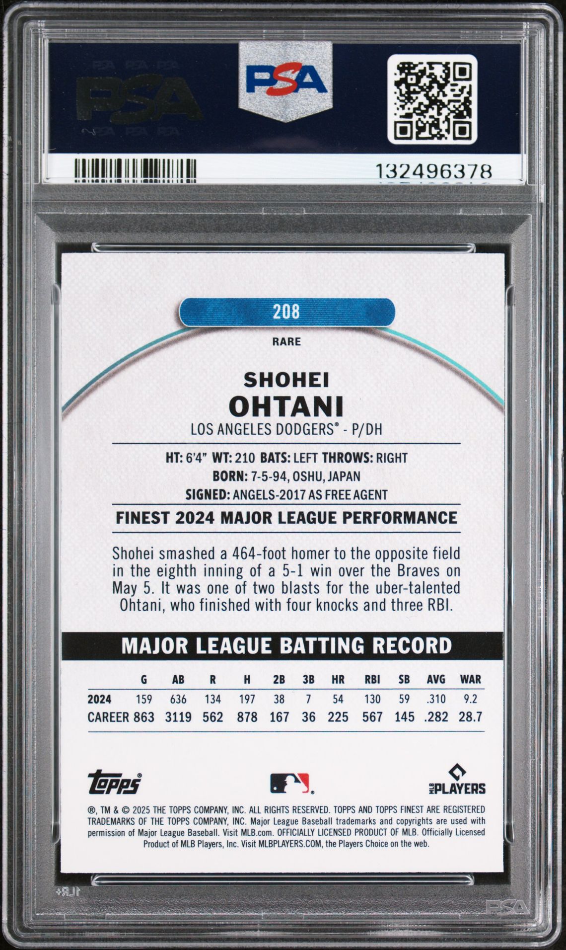 2025 Topps Finest 208 Shohei Ohtani Sky Blue Refractor /150