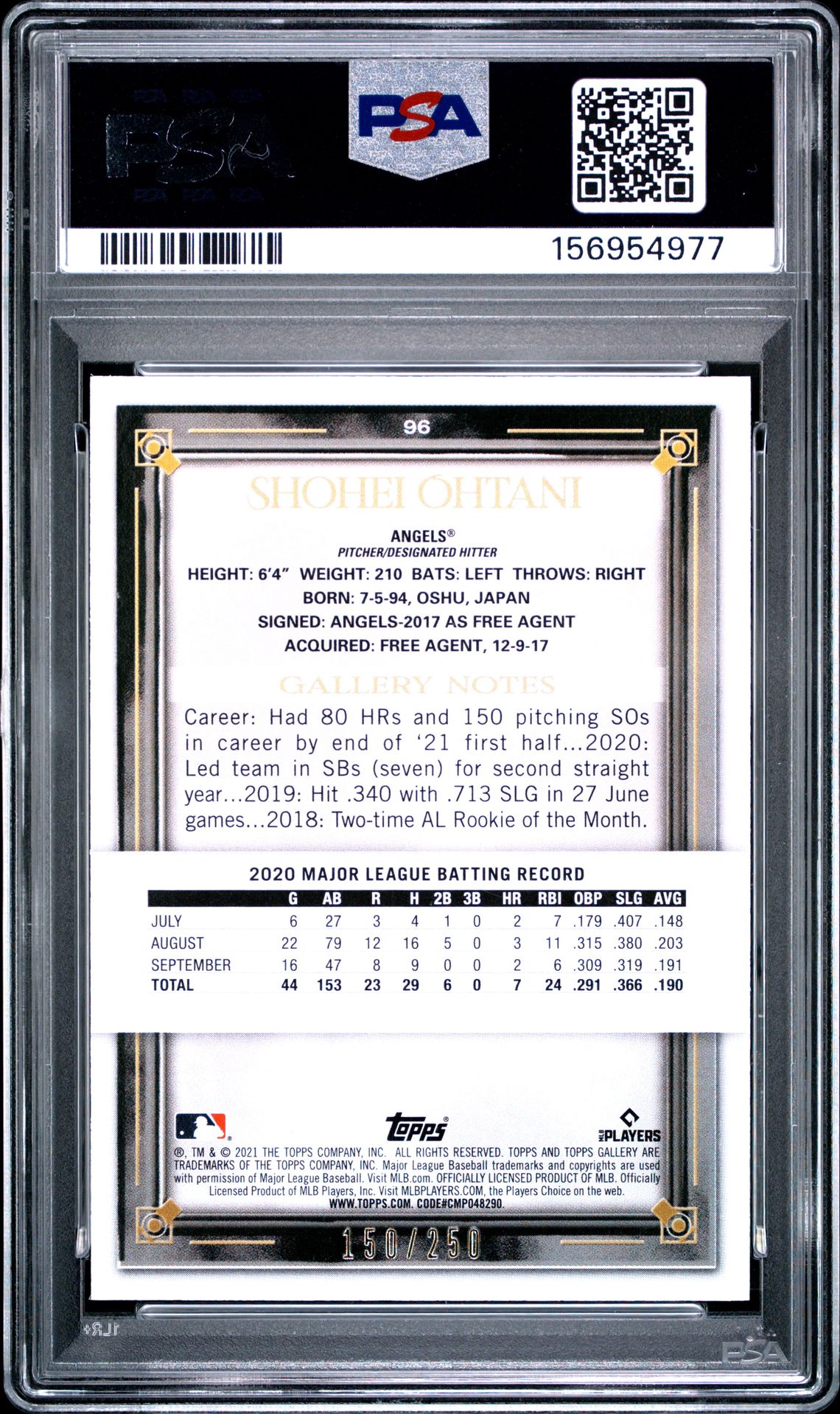 2021 Topps Gallery #96 Shohei Ohtani Private Issue /250