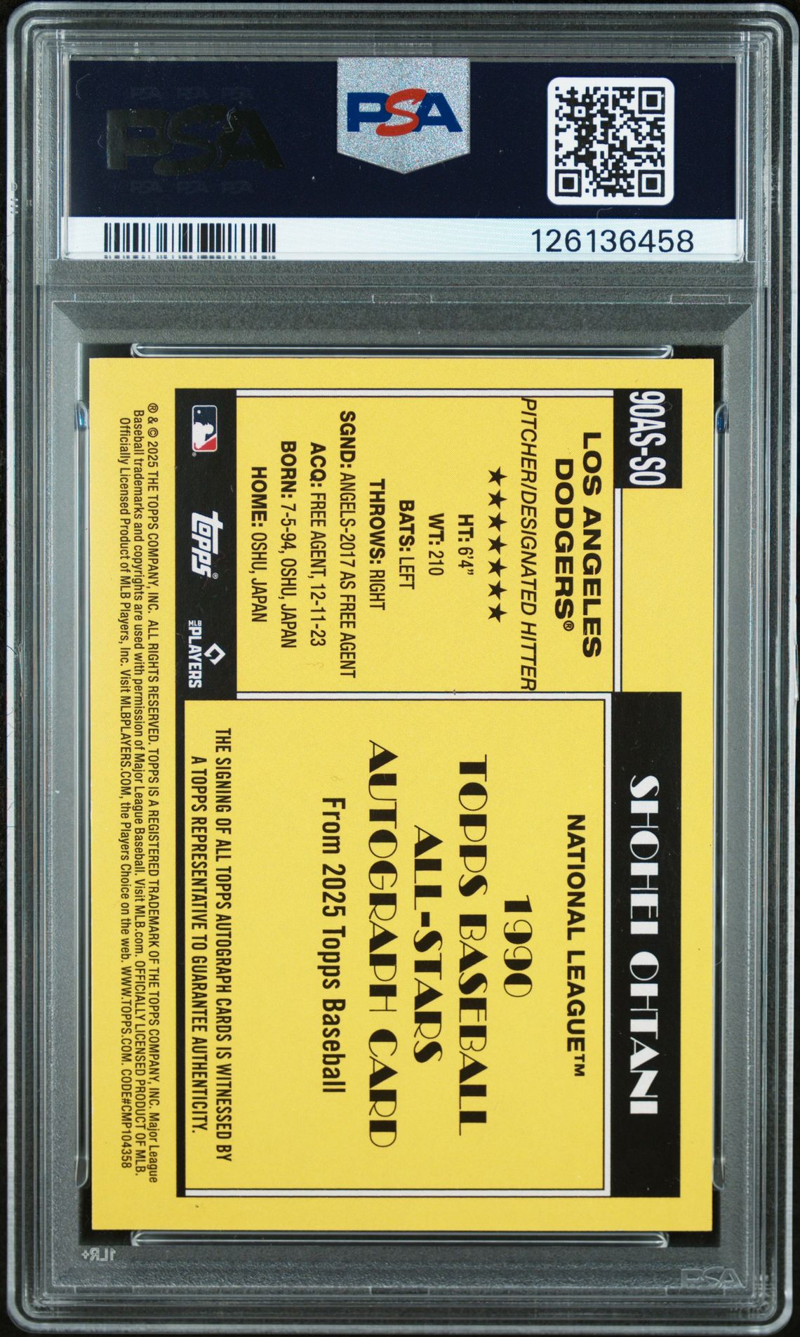 2025 Topps '90 Topps A/S AU-BLK 90ASSO Shohei Ohtani Auto Autograph Black 1/10
