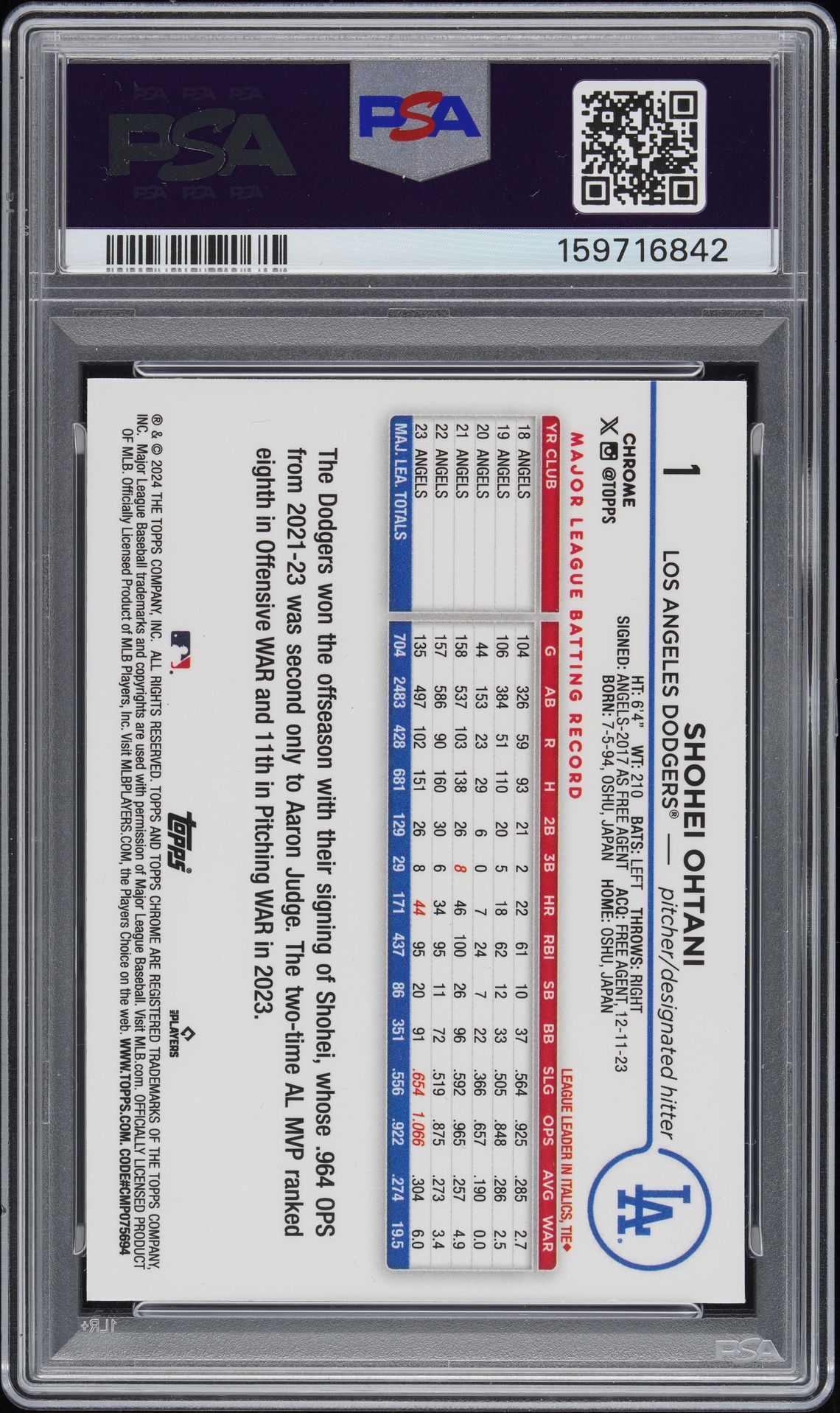 2024 Topps Chrome #1 Shohei Ohtani Blue Refractor /150