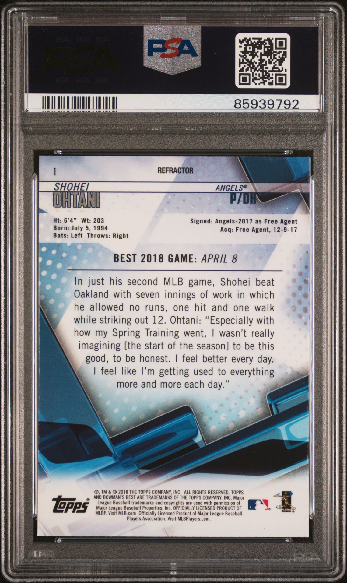 2018 Bowman Bowman's Best #1 Shohei Ohtani Refractor