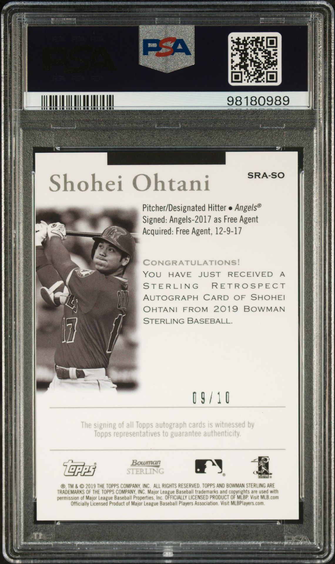 2019 Bowman Sterling Retrospect Autographs SO Shohei Ohtani Auto Atomic Black 10/10